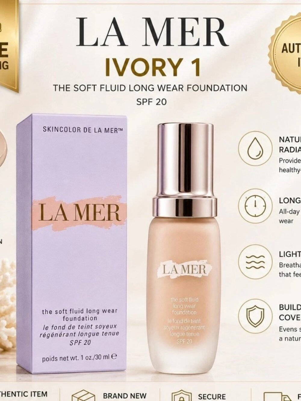 La Mer The Soft Fluid Long Wear Foundation SPF 20 Ivory 1 30ml NIB